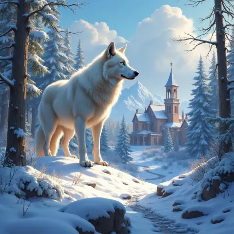 White Wolf Guarding a Snowy Fantasy Village