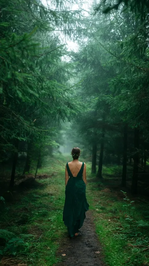 Fairy-like young woman with translucent wings standing on a narrow forest path in dense coniferous f