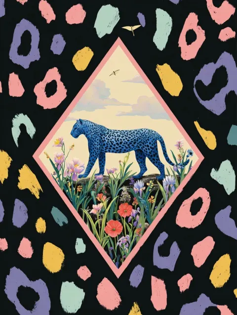 Flat hand-drawn illustration, deep black background with strong colorful leopard print pattern