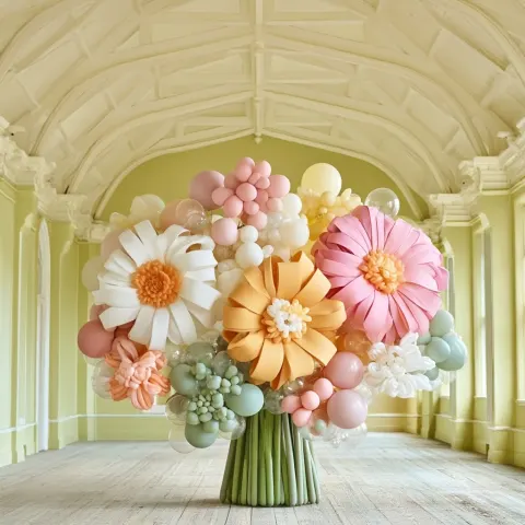 Flower-shaped and ribbon-shaped balloons have been arranged into a charming