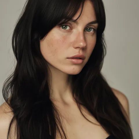 Front close-up studio portrait of an attractive 26-year-old European woman with pale skin and slight