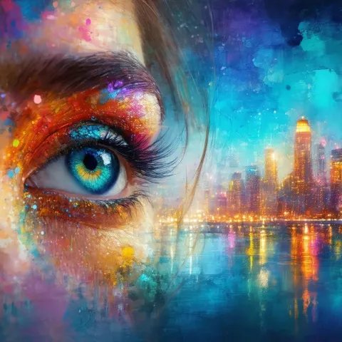 Adorned Eye in Gouache Against City Blur