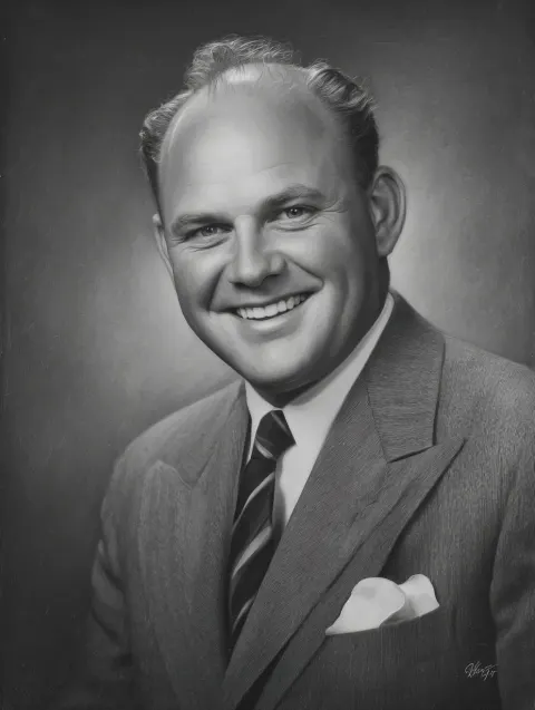 Bright studio photograph from the 1950's of a man in a suit, big smile, hyper realistic