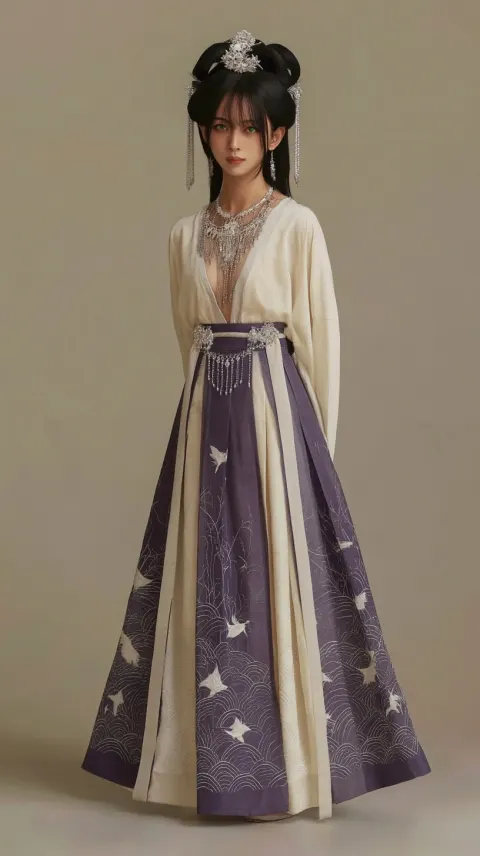 Full-body photo of an ancient Chinese girl, dressed in Hanfu with purple and white embroidered patte