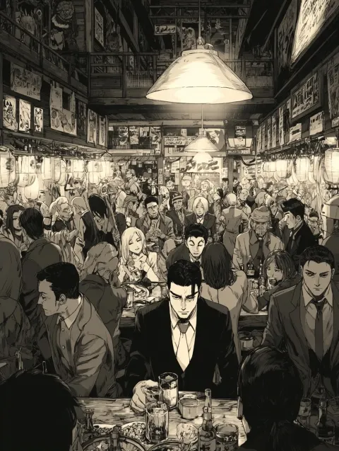Fun grungy anime of a crowded izakaya of people drinking