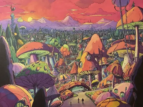 Futuristic psychedelic mushroom world landscape retro anime style