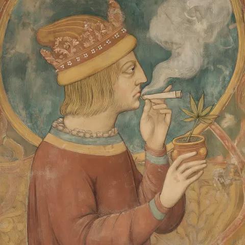 Imagine a fresco representing a noble man in the process of tasting a weed joint with smoke