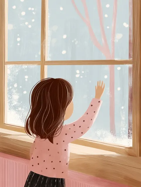 Inside a warm wooden room, a little girl gently places her hand on a frosted window and gazes outsid