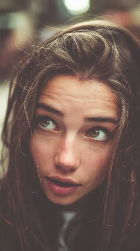 Macro-style close-up of a confused French tourist, wide eyes, slightly open mouth
