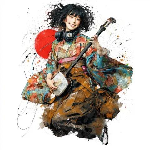 Anime like face, Traditional Japanese ink painting, point color, rough, A beautiful girl, smile