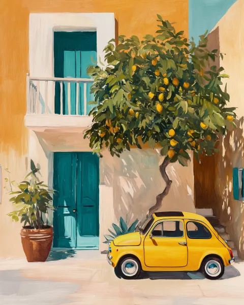 Matisse, a watercolor painting of a sunlit mediterranean courtyard with a bold saffron-yellow stucco