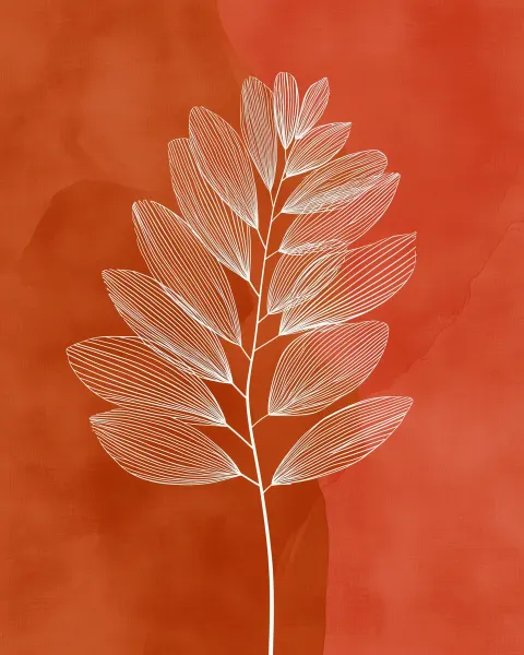 Minimalist line art botanical print, single detailed palm leaf silhouette