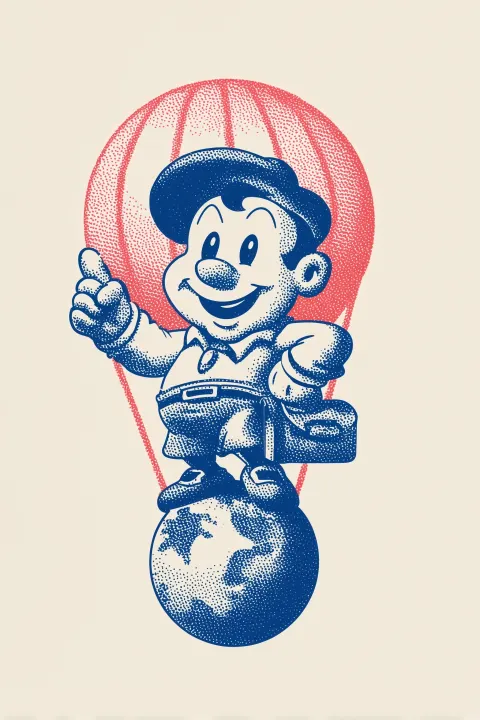 Minimalist Vector illustration of a playful, stylized cute Catalan mascot standing of a hot air ball