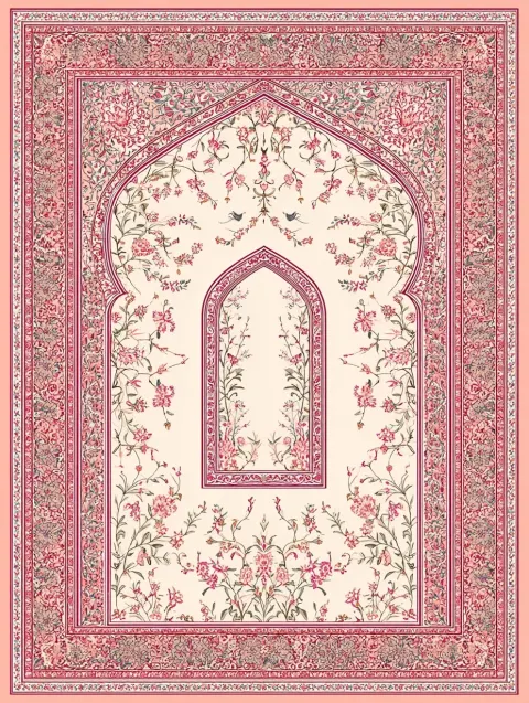 Muslim prayer rug, with an arched window in the middle of it