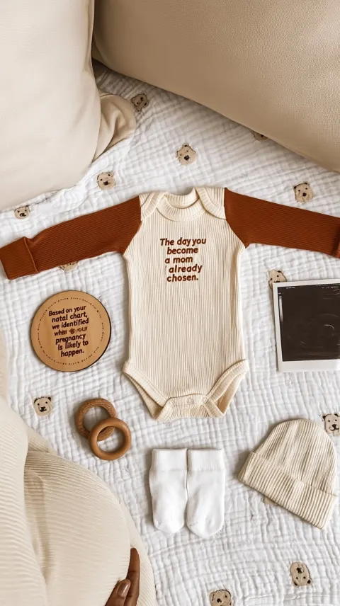 One central baby bodysuit is the main focus, laid flat and unfolded. It is cream-colored, ribbed