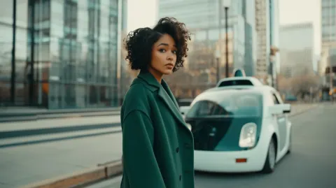 Photo, a woman with short naturally curly hair and a muted forest green overcoat is slightly discour