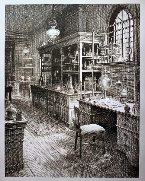 Pen and ink illustration, a Victorian alchemist's laboratory, intricate cross-hatching