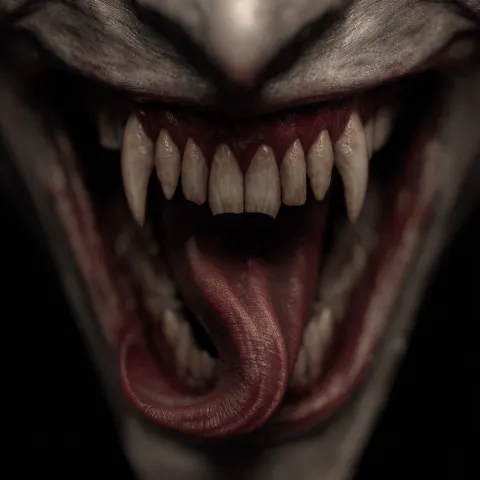 Photo of demonic slightly close broad smile big teeth’s and demonic swirly very long tongue out