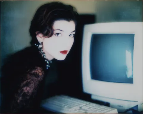 Photography by David Lynch. Nostalgic beautiful woman in front of her computer in 2001.