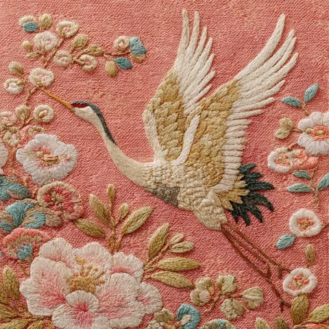 Plain textured fabric, coral pink with small ornate embroidered small flying crane on right side wit