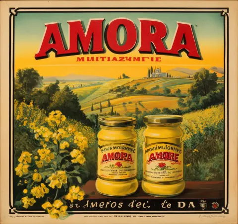 A vintage poster of the french mayonnaise brand "moutarde de amorphic" with an advertising style. th