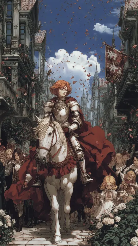 Light fantasy, medieval painting of a resplendent knight returning in triumph through a grand city s