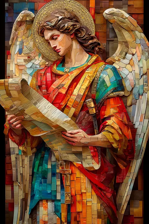 Saint Gabriel the Archangel in a mosaic, in the style of josef kote, precisionism influence