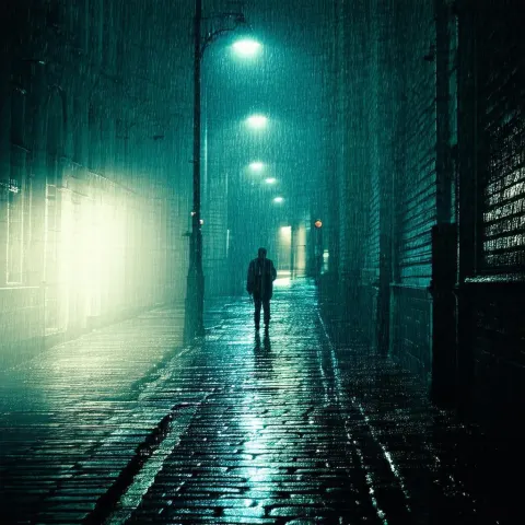 Lone Figure Under a Streetlight in Rain