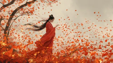 The fleeting moment when burning flower petals are blown by the wind and scatter into the air. Orien