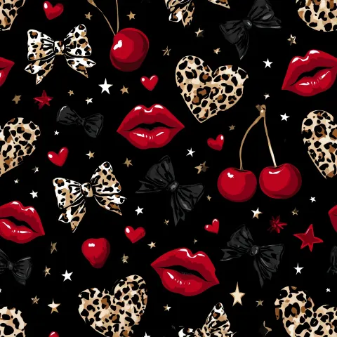 Seamless repeating pattern, leopard print cherries, bold leopard hearts, glossy red lips