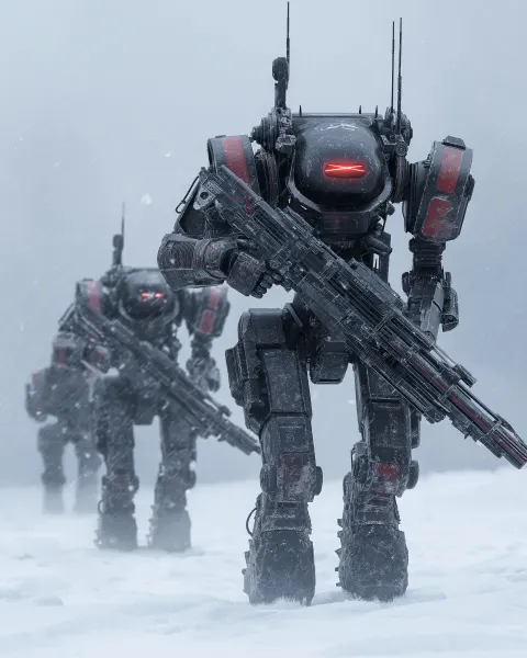 Three identical large sophisticated humanoid military style robot painted worn black and red both ca