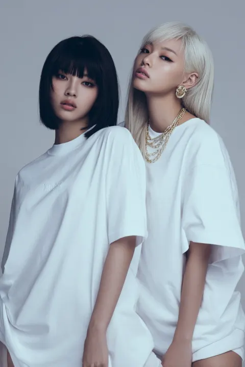 Two female japanese models. wearing white japanese oversized tshirt. lifestyle high fashion shoot. o
