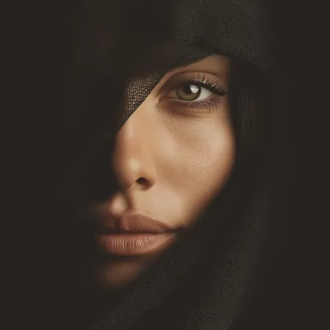 Ultra-realistic portrait of an Arab woman, minimal editorial poster style