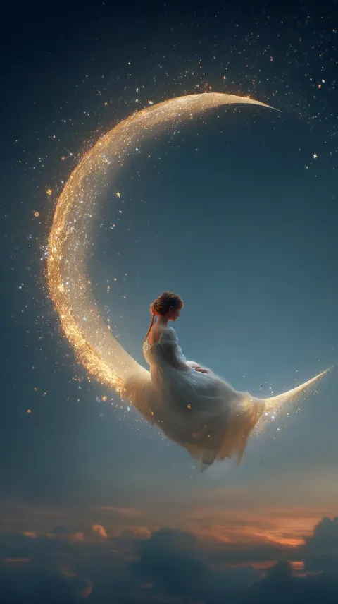 A girl in a white dress sitting on a crescent moon, surrounded by stars and a soft glow of light. Th
