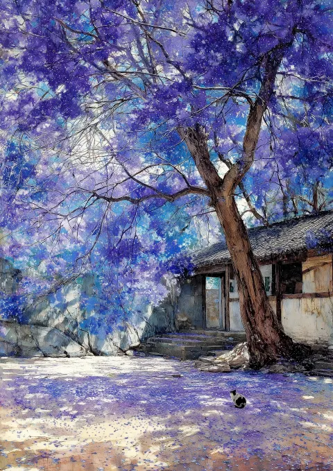 A large, leafy jacaranda tree, covered in bluish-purple blossoms