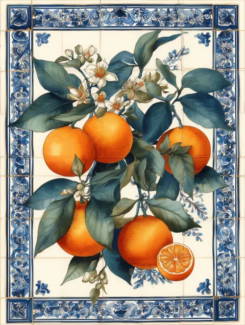 Watercolor contemporary painting, composition with central leafy oranges emons with some blosoms ora