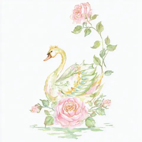 Watercolor illustration of a cute swan with a rose, white background