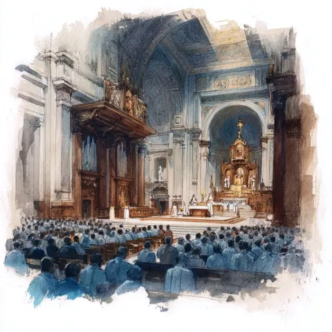 Watercolor painting of a Catholic mass in a large church
