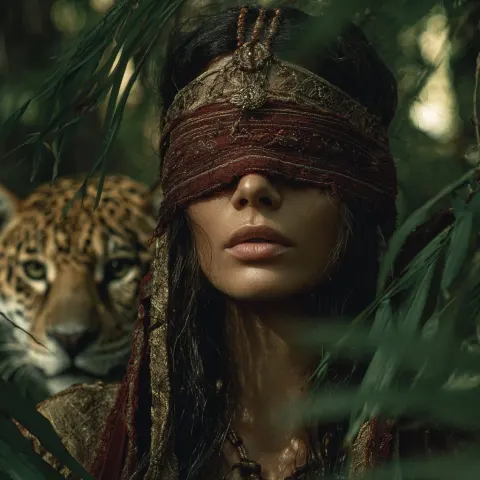 Woman blindfolded with talisman bandage. Like a goddess in the woods.32k. Jaguar in the background.