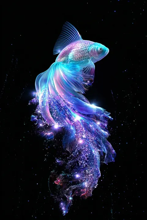 A beautiful goldfish swims gracefully, its tail fins aqua blue, pastel pink