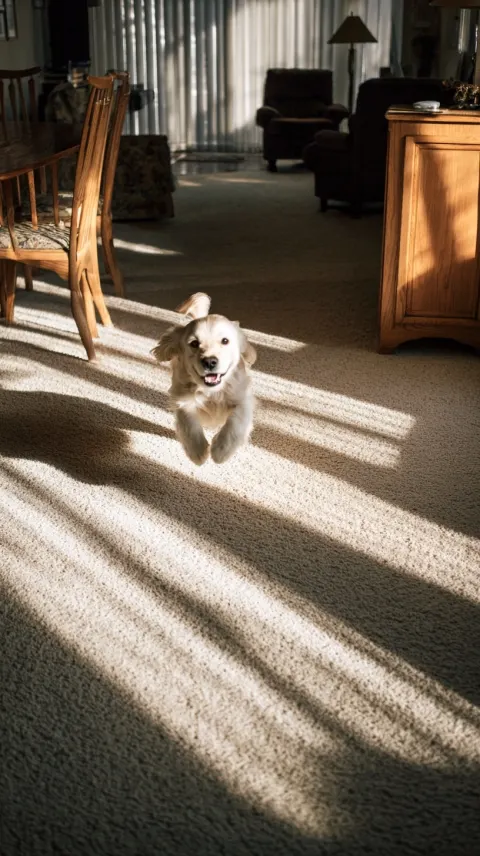 First home, a dog running happily across an empty living room with sunlight streaming in