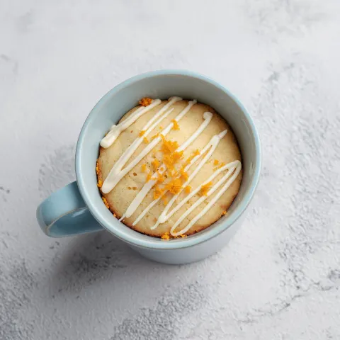 A bird's-eye view photograph of a warm, moist plain sponge mug cake in a modern light blue ceramic c