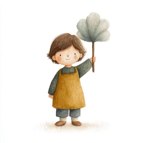 A child holds a duster in their hand, in the style of Scandinavian children's books, simple