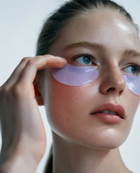 A model with light purple gel eye patches on her face, touching the area around her eyes