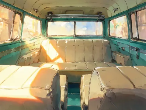 A cinematic interior shot of a vintage station wagon viewed from the dashboard area looking toward t