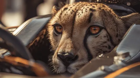 A close up photo of a cheetah in driving a formula 1 car. Photo realistic