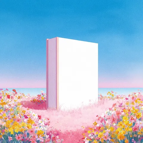 A colossal book stands tall upon a soft, pinkish-white grassy meadow