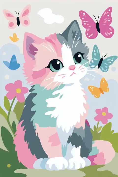 A cute kitten with rainbow-colored fur, sitting next to colorful butterflies, clipart style