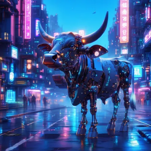 Cybernetic Cow Grazing the Neon Cityscape