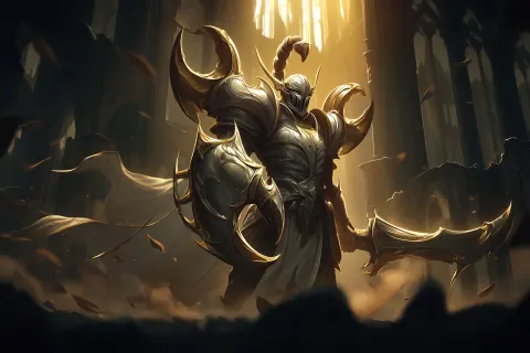 A dynamic, high-detail cinematic illustration of a holy knight in sacred armor themed around a scorp